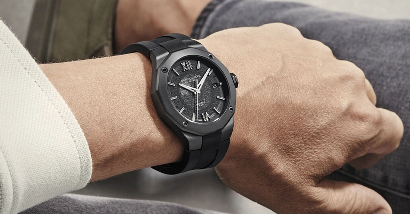 Baume & Mercier Riviera watch on a man's wrist.